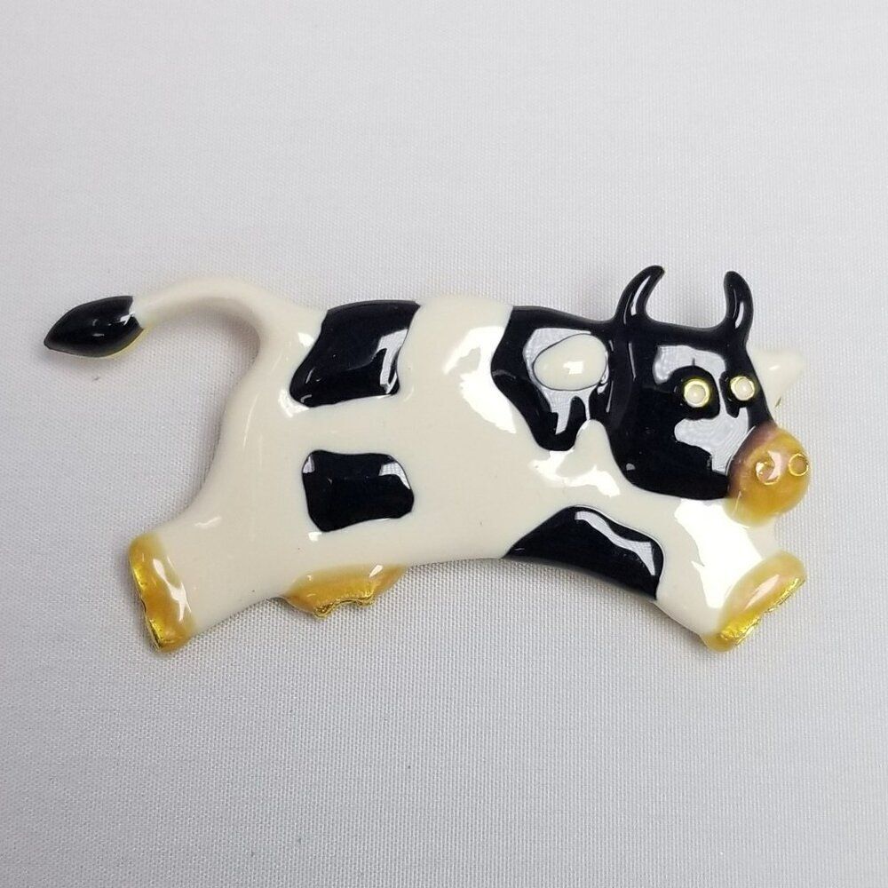 Vintage Cow Brooch, Leaping Black and White Spotted Enamel Lapel Pin, Estate - Picture 2 of 7